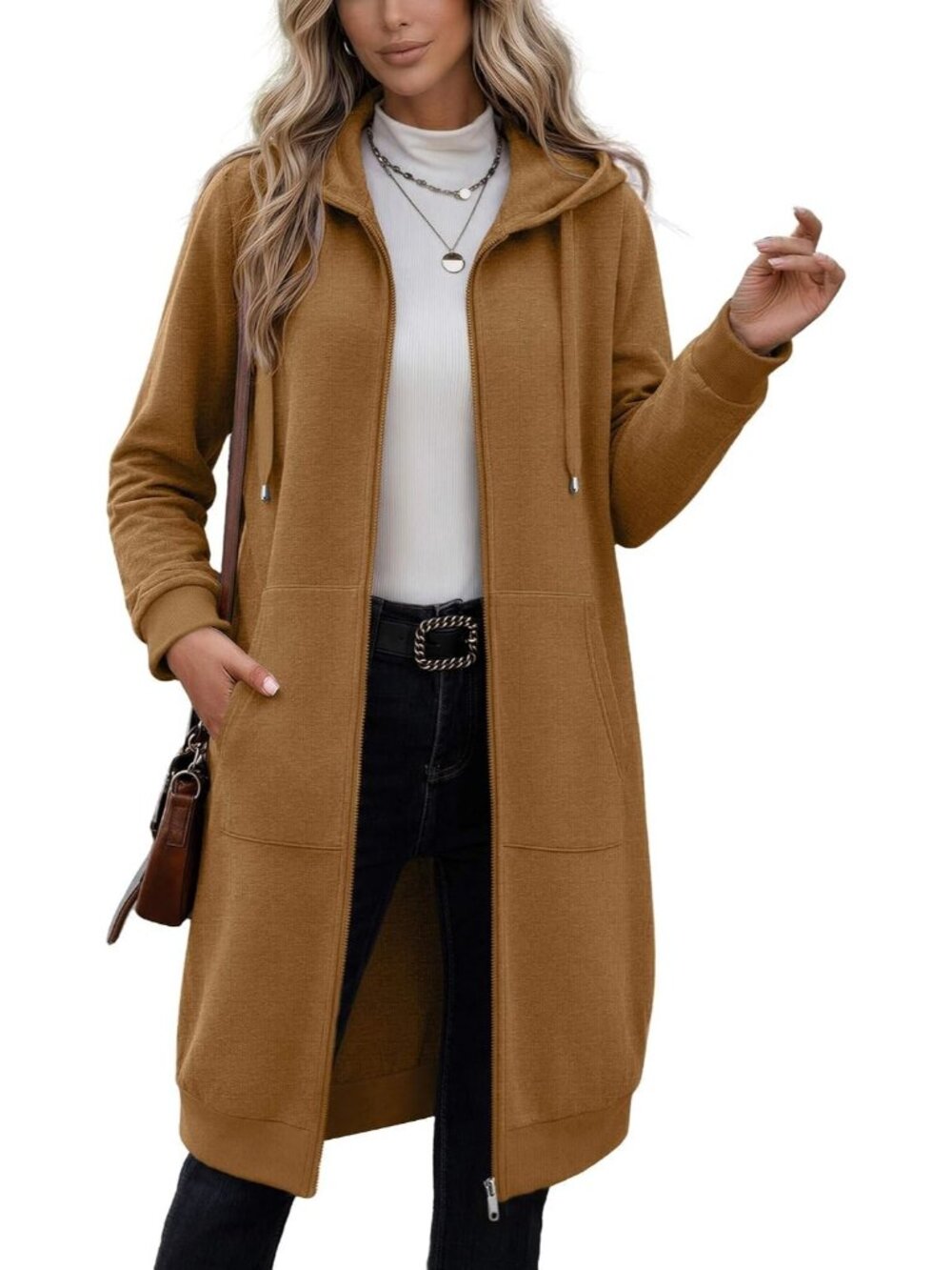 Women's Light Brown Oversized Fleece Hoodie Longline Zip Front Duster Jacket